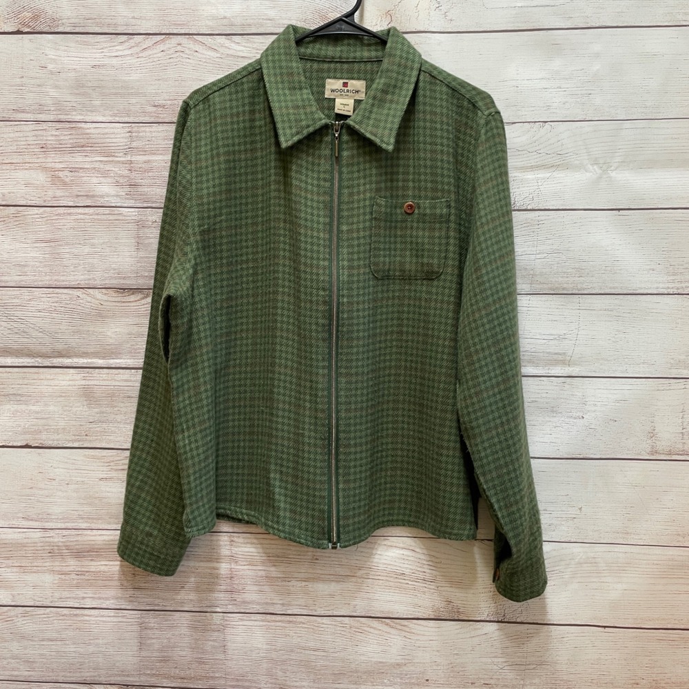 VINTAGE WOOLRICH WOOL BLEND ZIP FRONT‎ SWEATER IN GREEN HOUNDSTOOTH